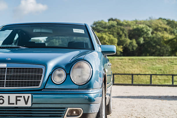 Chester, Cheshire, England, September 28th 2025. A close-up of a teal Mercedes-Benz E Class headlight.