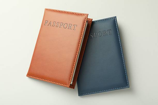 istock Passports in color covers on light background, top view 2238402339