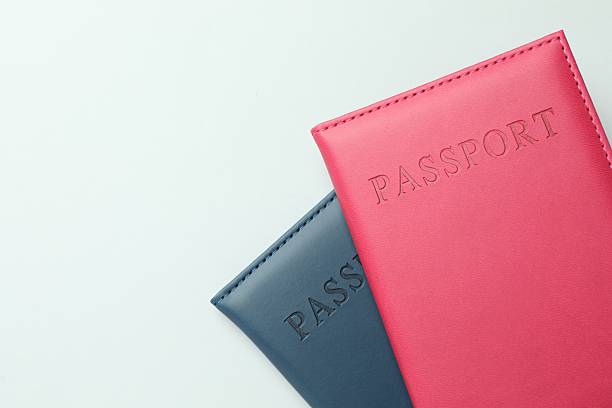 istock Passports in color covers on light background, top view. Space for text 2238402343