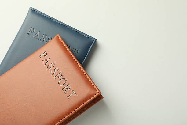 istock Passports in color covers on light background, top view. Space for text 2238402347