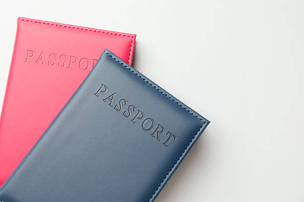 istock Passports in color covers on light background, top view. Space for text 2238402373