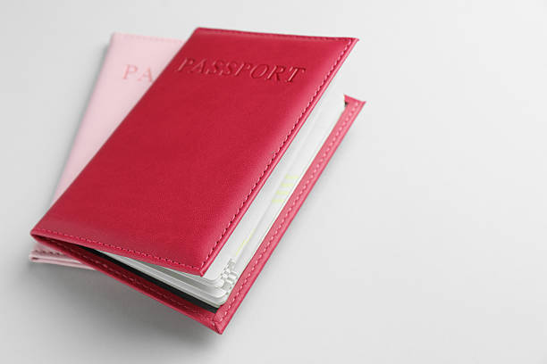istock Passports in color covers on light background, closeup. Space for text 2238402403