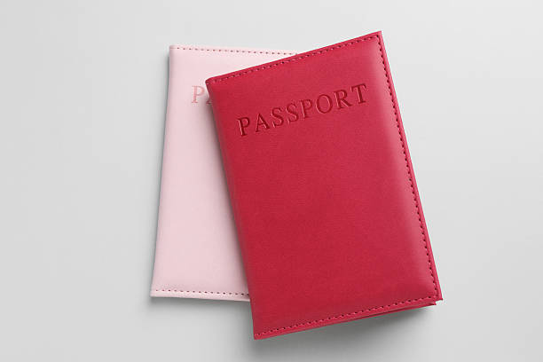 istock Passports in color covers on light background, top view 2238402409
