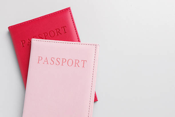 Passports in color covers on light background, top view. Space for text