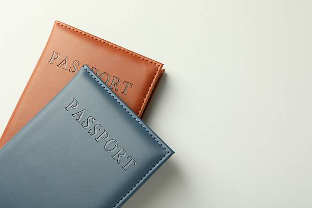 istock Passports in color covers on light background, top view. Space for text 2238402528