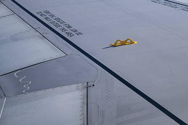 Shot of Airplane Wing Surface. Aircraft Wing Structure. Detail of Airplane Wing.