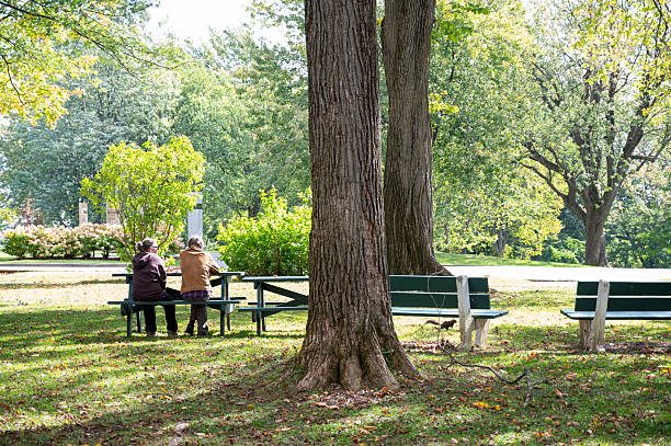Mature couple sitting on a park bench in the Plains of Abraham in Quebec city during a sunny day of autunm