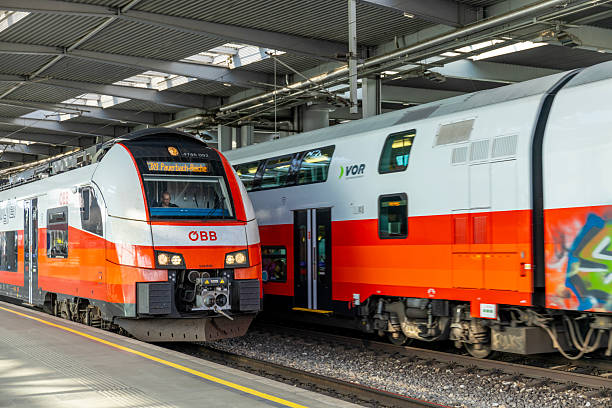Vienna, Austria - 6 June 2025: ÖBB train at Vienna station. Passenger train on railway platform in urban transport hub. Travel, public transportation, city infrastructure commuting of Austria OBB