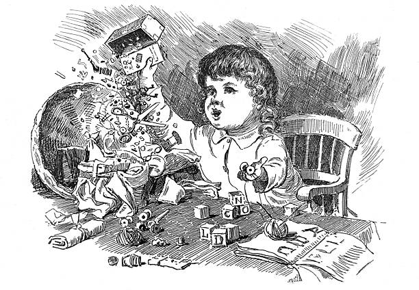 Antique illustration pre 1900 - young child sitting in high chair spilling toys on table