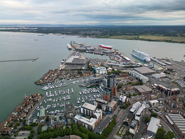 Aerial view higher over Ocean Village Southampton UK