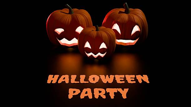 3D render of Halloween pumpkins glowing with carved spooky faces above Halloween Party glowing text on black surface. Seasonal festive holiday decoration and concept.