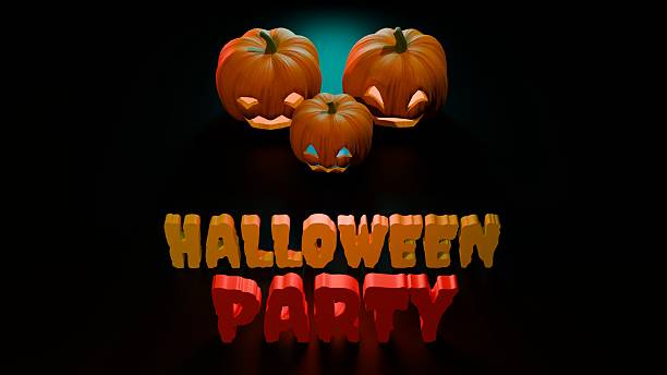 Glowing jack o lantern pumpkins above Halloween Party text in yellow on dark background. Festive seasonal render for holiday decoration, invitations, and party themes.