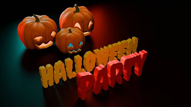 istock Glowing jack o lantern pumpkins with angled Halloween Party text 2238418007