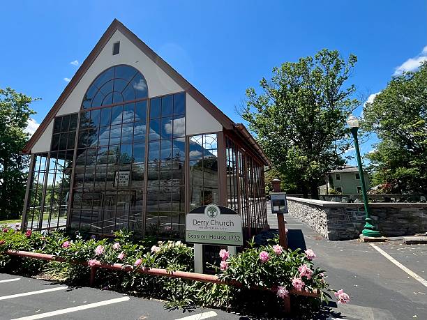Hershey, PA, USA, 5.26.25 - The historical Derry Presbyterian Church that is enclosed in a protective glass building.