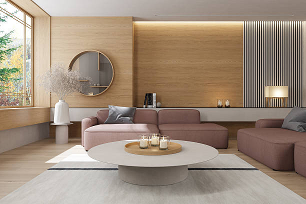 istock Japandi Living Room Interior with Mauve Sofas and Textured Wood Wall 2238426911