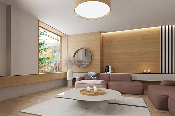 istock Japandi Living Room Interior with Mauve Sofas and Textured Wood Wall 2238427089