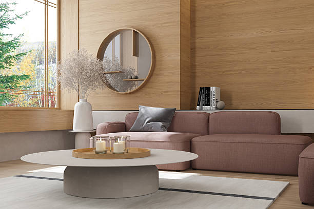 istock Japandi Living Room Interior with Mauve Sofas and Textured Wood Wall 2238427108