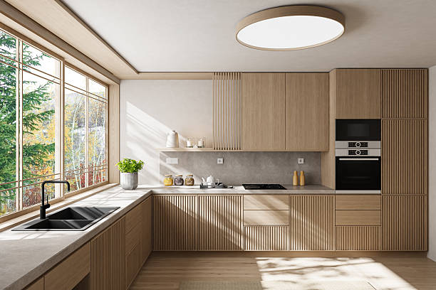 istock Japandi Countryside Kitchen with Matte Pine Cabinetry and Open Layout 2238429491