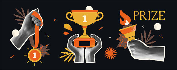 Trendy halftone collage. Banner with realistic textured hands holding medal, cup, and Olympic flame. Characters with awards, prizes, and trophies for winning sporting events. Flat vector illustration