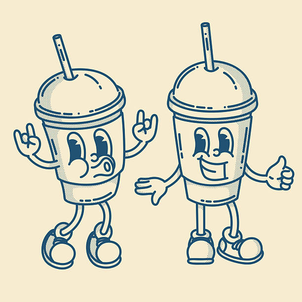 Smiling friendly coffe to go with straw character mascot in shoes. Coffee shop mascot symbol. Finger up, hand up
