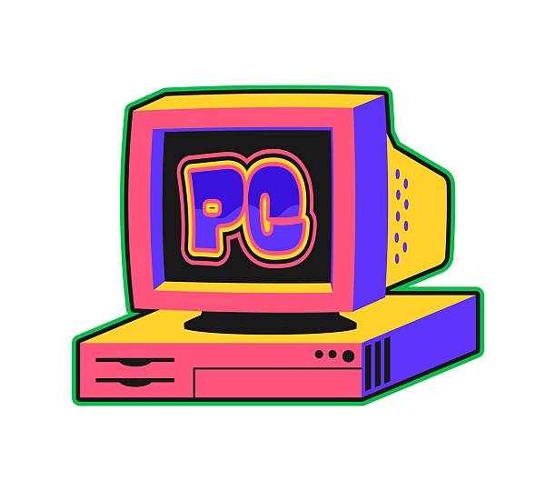 PC computer Y2K groovy sticker or funky tag. Digital device Y2K vector patch, 1990s electronics hardware tag. Retro computer technology sticker with old CRT monitor or screen, vintage computer tower