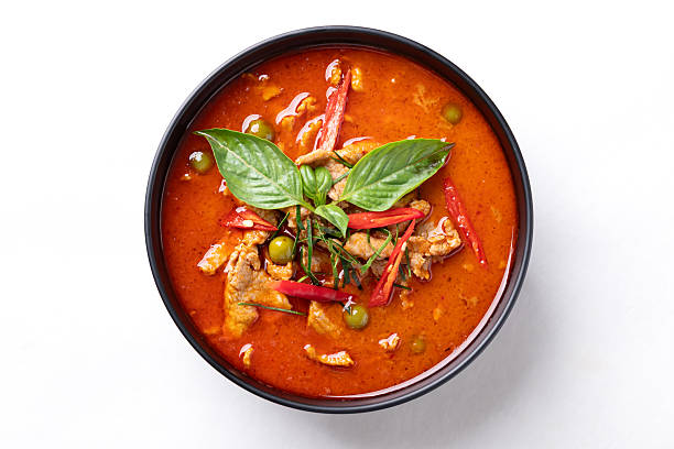 istock Thai food, Red curry with pork in black bowl on white background 2238441076