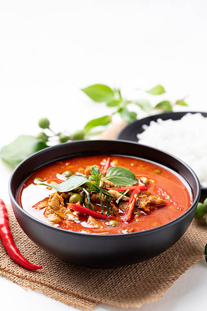 istock Thai red curry with pork and cooked rice with ingredients on white background 2238441109