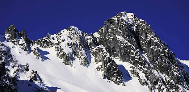 istock Snowy mountain peaks rise beneath blue sky casting deep shadows 2238444070