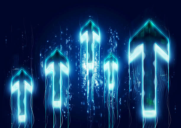 istock 3d illustration of an abstract blue light arrow moving upwards and emitting light 2238448007