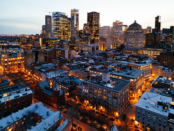Aerial view of Montreal with city lights at night, Quebec, Canada