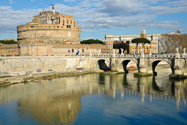 St. Angelo Bridge at dusk from Saint Angelo Castle in Rome, Italy. (Ponte Sant'Angelo, Castel Sant'Angelo)