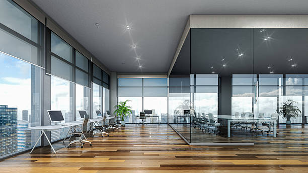 istock Conference room with large window view in the office. 3d illustration 2238460101