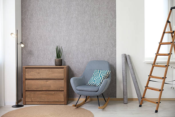 istock Home renovation. Room interior with stylish gray wallpaper on wall 2238478033