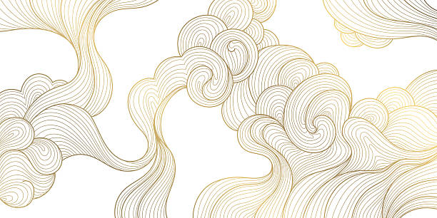 Abstract vector background, soft wavy lines, golden ornaments, flowing oriental patterns, Japanese and Chinese art. Elegant minimal style, luxury design, posters, frames