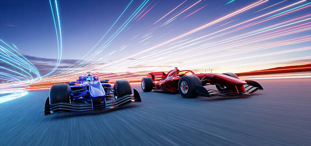 istock 3d rendering two racing cars competing on futuristic track with light trails at sunset 2238487700