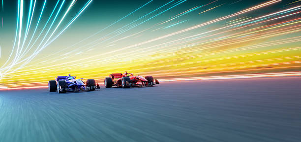istock 3d rendering racing cars speeding on illuminated track at sunset: 3d rendering 2238487706