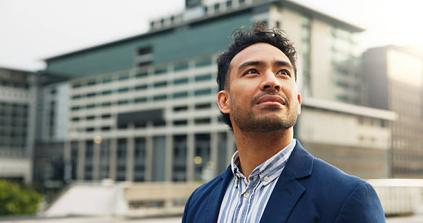 istock Thinking, business and man in city with vision, ideas and future development in town planning. Reflection, thought or person outdoor with space, urban sustainability strategy and solution insight 2238491483