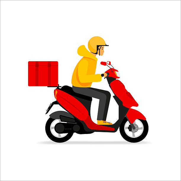 istock Delivery Courier boy delivering pizza on modern scooter with trunk case box. Delivery man riding on motor moped. Vector illustration. 2238491695