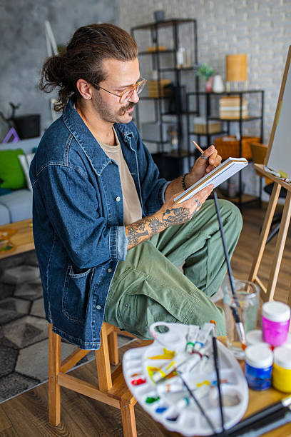 istock Artist sketching ideas for a new painting at home studio 2238496737