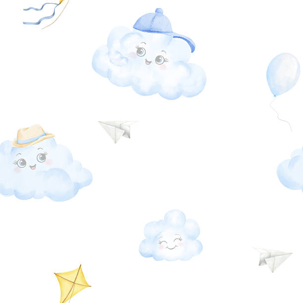 istock Clouds with eyes, in hats, look at a kite and a paper airplane. Watercolor illustration. Seamless pattern, isolated on a white background. For children's printing and textiles, invitations and cards. 2238498959