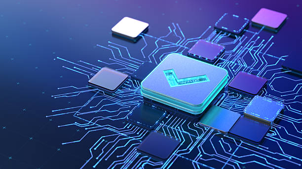 Advanced Microchip With Check Mark On Neon Circuit Board, Symbolizing Validation And Modern Technology stock photo