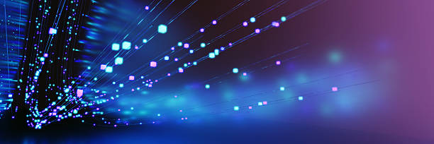 istock Futuristic data blocks and glowing fiber optic lines in digital flow 2238506240