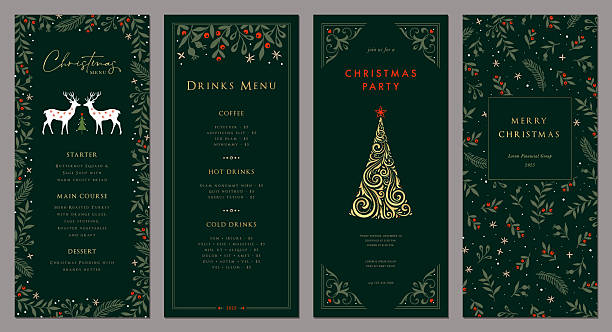 Christmas vector tall templates 4x9. Universal Winter Holiday cards with decorative Christmas Tree, reindeers, ornate floral background and frame with copy space and greetings.