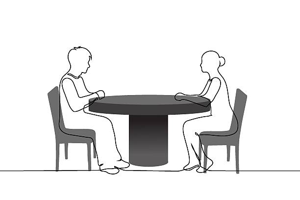 istock man and a woman sitting at a round empty table opposite each other - one line art vector. Concept blind date, job interview, business meeting 2238525229