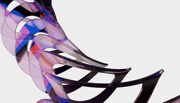 Dynamic abstract sculpture with curved, translucent elements in vibrant shades of purple, blue, and red, creating sense of movement and fluidity against plain background