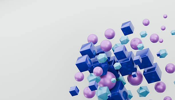 istock Dynamic composition of blue cubes, purple spheres, and light blue polyhedrons floating against white background, creating sense of movement and transformation 2238531063