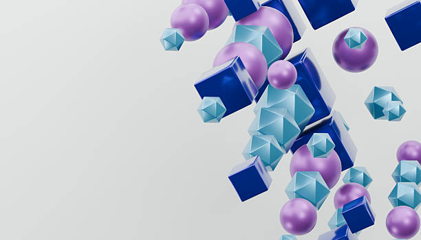 istock Colorful geometric shapes including blue cubes, purple spheres, and light blue polyhedrons float against white background, creating dynamic and modern abstract composition 2238531074