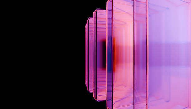 Abstract image featuring stack of translucent, colorful glass panels with gradient of pink and purple hues against black background, creating modern and futuristic feel
