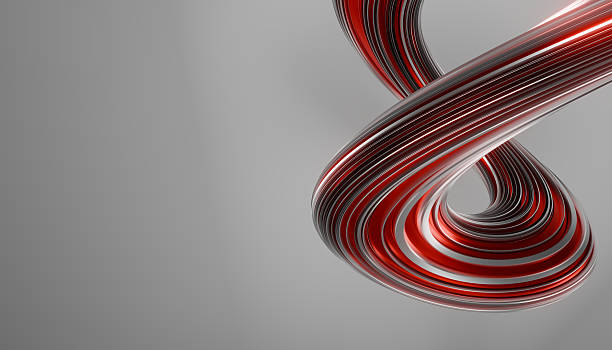 istock Twisting, abstract 3D shape with red and black stripes on gray background, creating dynamic and modern visual effect 2238531649