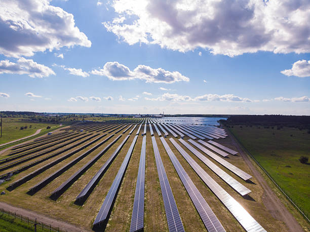 istock aerial view of solar panels on a sunny day. 2238535265